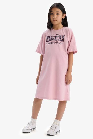Girl Oversize Fit Crew Neck Printed Dress