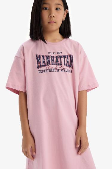 Girl Oversize Fit Crew Neck Printed Dress