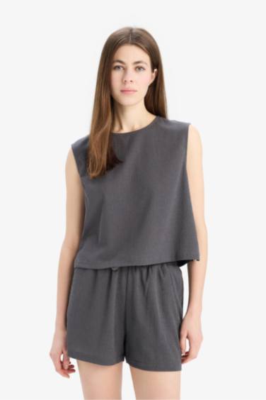 Regular Fit Crew Neck Crepe Blouse