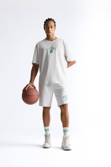 %100 Pamuk DeFactoFit NBA Boston Celtics Oversize Geniş Kalıp Bisiklet Yaka Sırt Baskılı Kısa Kollu Tişört