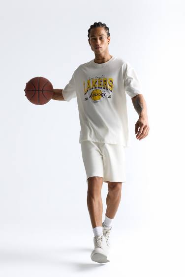 %100 Pamuk DeFactoFit NBA Los Angeles Lakers Oversize Geniş Kalıp Bisiklet Yaka Kısa Kollu Tişört