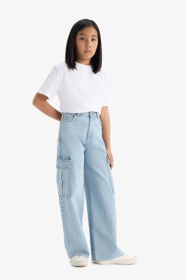 بنطلون جينز كارجو بناتي برجل واسع وجيب أزرق ثلجي