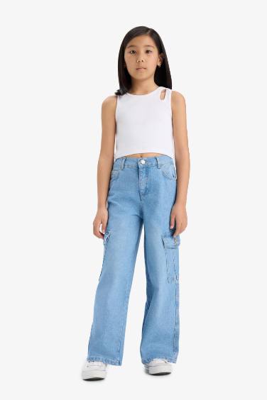 بنطلون جينز قطن كارجو بناتي برجل واسع وجيب