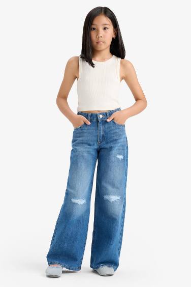 Girl Ripped Detail Wide Leg Jeans