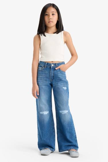 Girl Ripped Detail Wide Leg Jeans