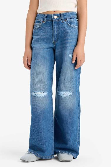 Girl Ripped Detail Wide Leg Jeans