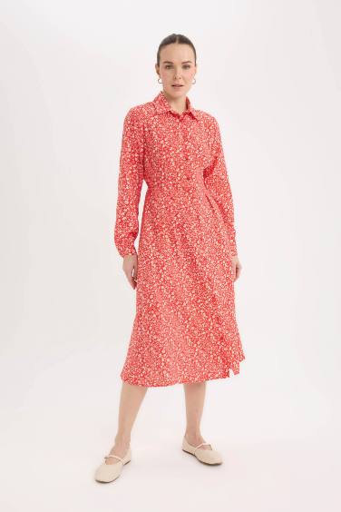 Shirt Collar Patterned Long Sleeve Midi Dress