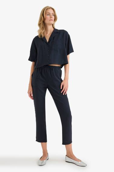 Straight Fit Çift Cepli Yüksek Bel Düz Paça Modal Kumaş Pantolon