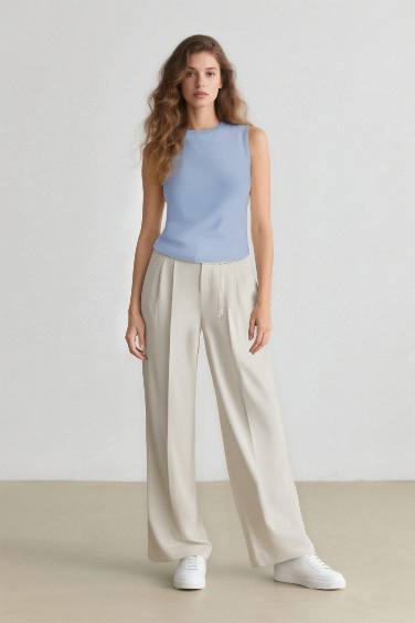 Wide Leg Kumaş Palazzo Pantolon Üç Cepli Normal Bel Standart Boy