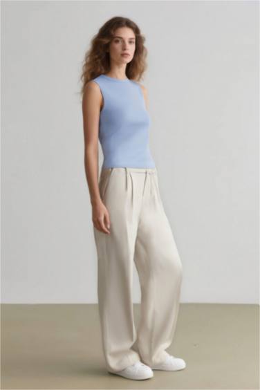 Wide Leg Kumaş Palazzo Pantolon Üç Cepli Normal Bel Standart Boy