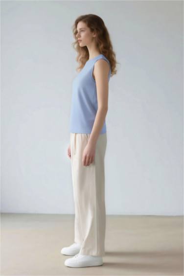 Wide Leg Kumaş Palazzo Pantolon Üç Cepli Normal Bel Standart Boy