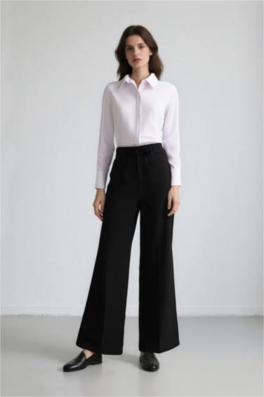 Afra x DeFacto Wide Leg Kumaş Palazzo Pantolon Üç Cepli Normal Bel Standart Boy