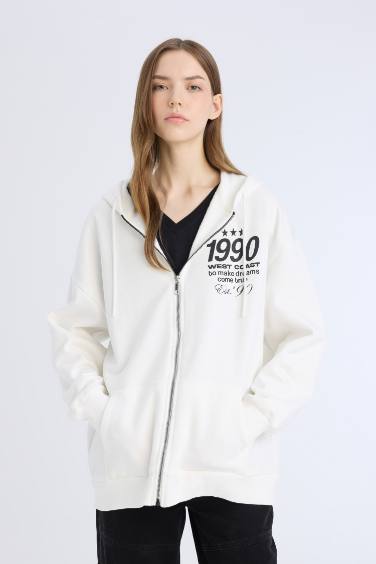 Oversize Geniş Kalıp Kapüşonlu Baskılı Fermuarlı Kalın Sweatshirt