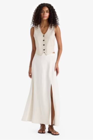 A Cut Regular Waist Linen Blend Maxi Skirt