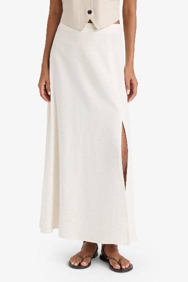A Cut Regular Waist Linen Blend Maxi Skirt