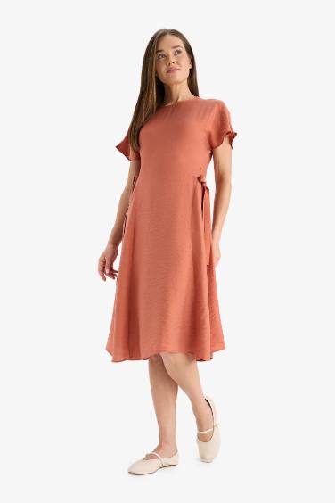 Round Neck Batwing Side Tie Detail Midi Dress