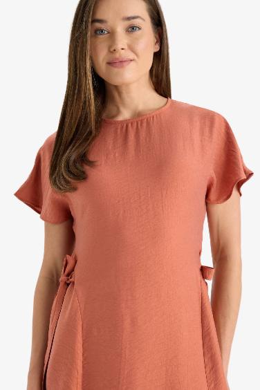 Round Neck Batwing Side Tie Detail Midi Dress