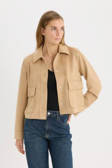 Regular Fit Polo Yaka Cepli Basic Düz Süet Ceket Mont