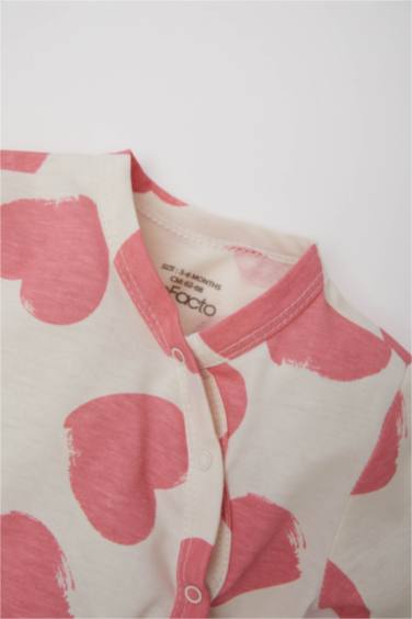 Kız Bebek Yenidoğan Kalp Desenli Penye Uzun Kollu Çıtçıtlı Tulum