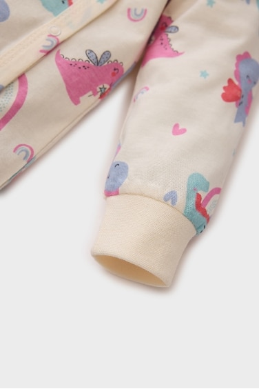 Kız Bebek Yenidoğan Dinozor Baskılı Penye Uzun Kollu Çıtçıtlı Tulum