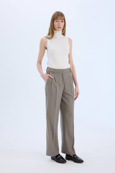 High Waist Straight Leg Darted Flannel Wide Leg Trousers