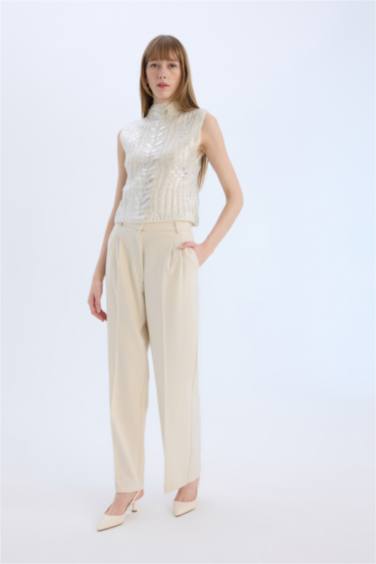 Wide Leg Yüksek Bel Geniş Düz Paça Pensli Flanel Kumaş Pantolon