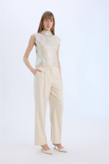 Wide Leg Yüksek Bel Geniş Düz Paça Pensli Flanel Kumaş Pantolon