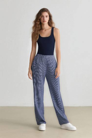 Coool Wide Leg Kareli Normal Bel Geniş Paça Pantolon