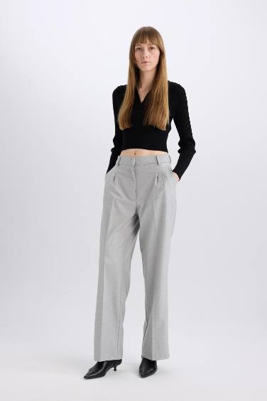 High Waist Straight Leg Darted Flannel Wide Leg Trousers