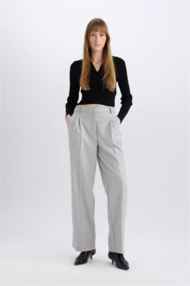 High Waist Straight Leg Darted Flannel Wide Leg Trousers