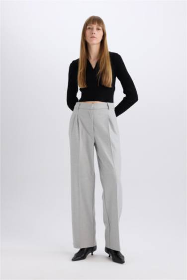 High Waist Straight Leg Darted Flannel Wide Leg Trousers