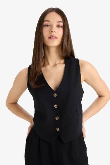 	V Yaka Keten Karışımlı Blazer Yelek