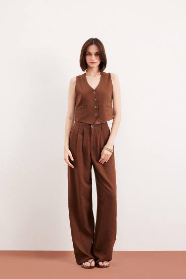 بنطرون وايد ليج برجل واسع من مزيج الكتان وخصر عالي