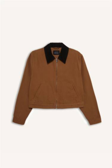 Regular Fit Kontrast Yakalı Fermuarlı Cepli Pamuklu Ceket Mont