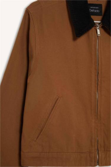 Regular Fit Kontrast Yakalı Fermuarlı Cepli Pamuklu Ceket Mont