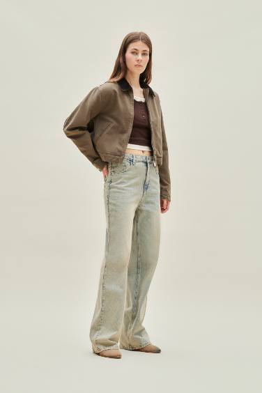 Regular Fit Kontrast Yakalı Fermuarlı Basic Düz Cepli Mevsimlik Pamuklu Ceket Mont