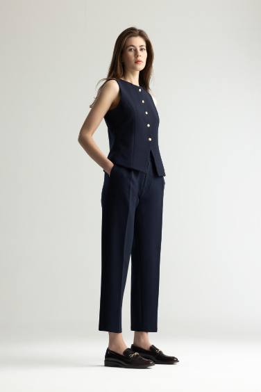 Carrot Fit Çift Cepli Yüksek Bel Düz Paça Kumaş Pantolon