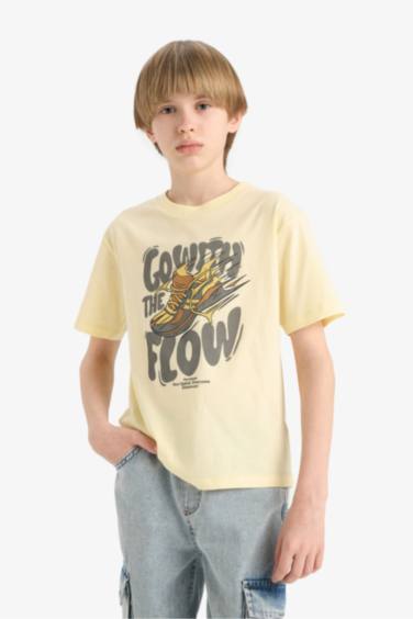 تيشيرت نص كم مطبوعة قصة عادية بياقة مستديرة