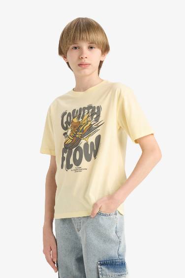 تيشيرت نص كم مطبوعة قصة عادية بياقة مستديرة