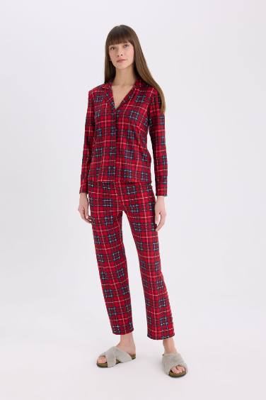 Pijama Takımı Kareli Uzun Kollu Üst Beli Lastikli Uzun Alt-Fall in Love