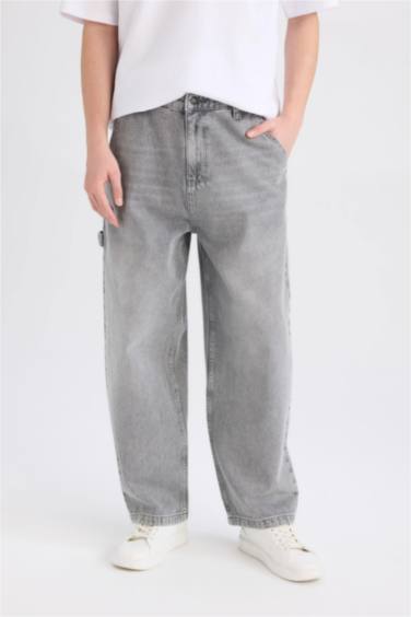 %100 Pamuk Skater Fit Geniş Kalıp Yüksek Bel Geniş Paça Jean Pantolon