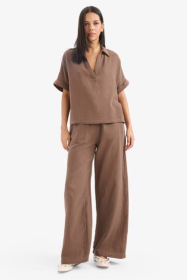 Regular Fit Flap Collar Short Sleeve Blouse