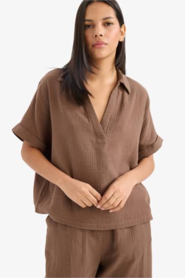 Regular Fit Flap Collar Short Sleeve Blouse