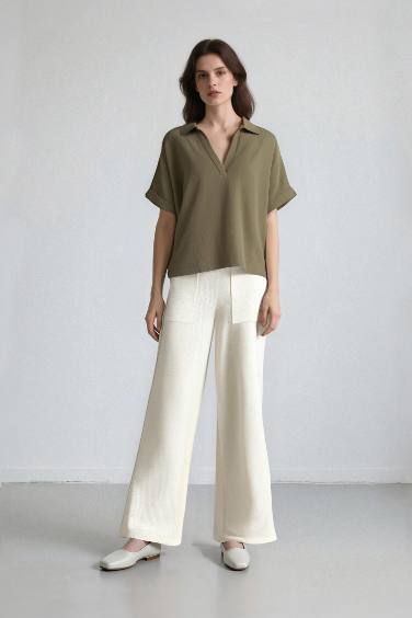 Regular Fit Flap Collar Short Sleeve Blouse