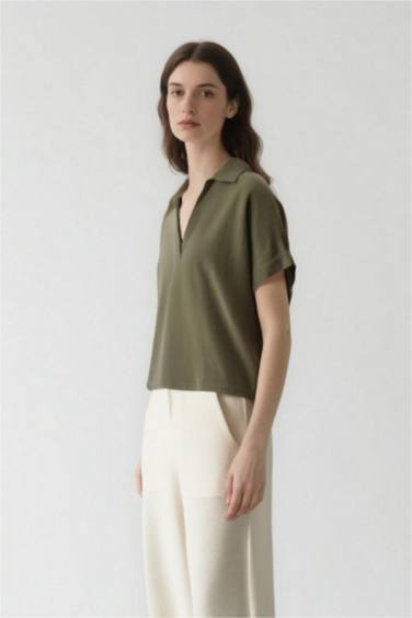 Regular Fit Flap Collar Short Sleeve Blouse