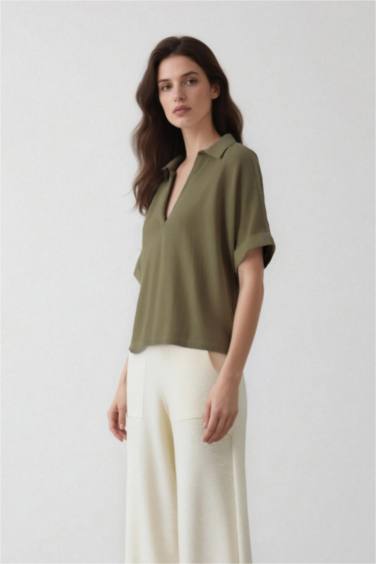 Regular Fit Flap Collar Short Sleeve Blouse