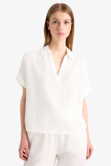 Regular Fit Flap Collar Short Sleeve Blouse