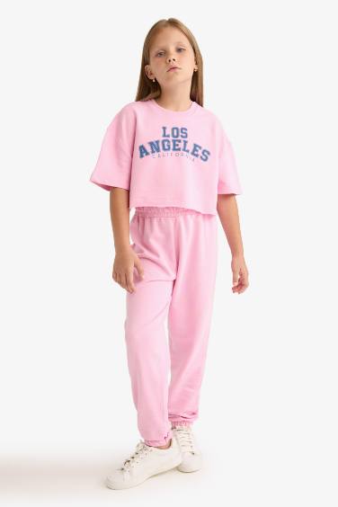 Kız Çocuk 2'li Takım Baskılı Kısa Kollu Tişört Beli Lastikli Eşofman Altı