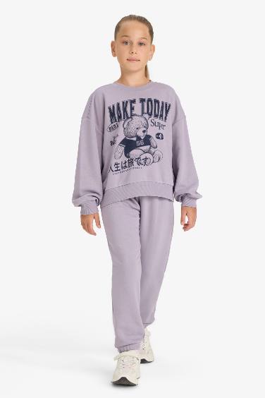 طقم بناتي سويت شيرت وسويت بانتس بطباعة -  قطعتين