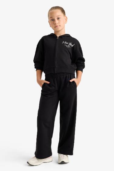 Kız Çocuk 2'li Takım Baskılı Kapüşonlu Sweatshirt Eşofman Altı